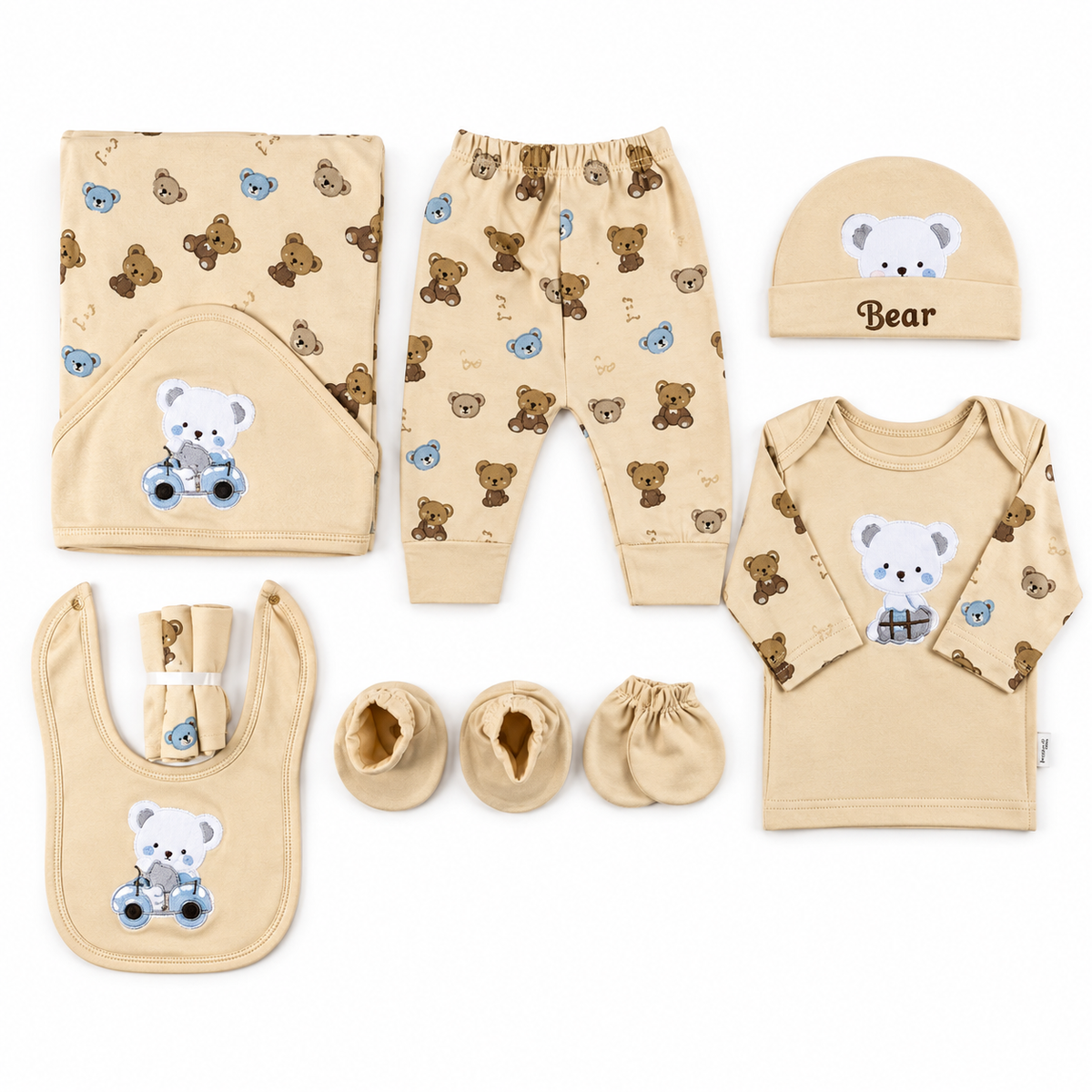STARTER SET 11 PIECES BABY NEW BORN ESSENTIALS CAR BEAR THEM LIGHT SKIN