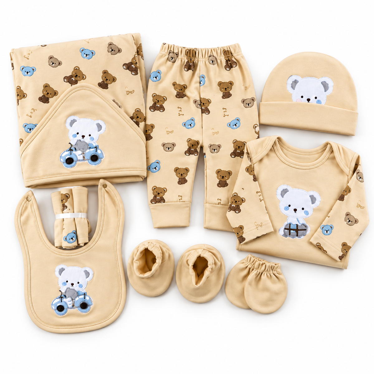 STARTER SET 11 PIECES BABY NEW BORN ESSENTIALS CAR BEAR THEM LIGHT SKIN