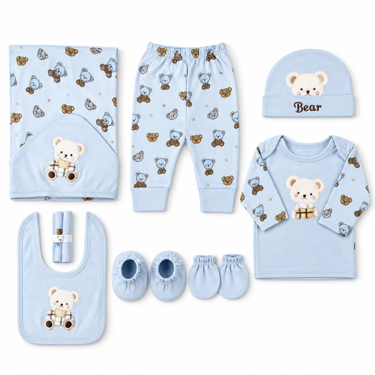 STARTER SET 11 PIECES BABY NEW BORN ESSENTIALS CAR BEAR THEM SKY BLUE