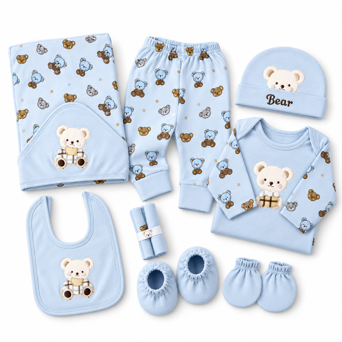 STARTER SET 11 PIECES BABY NEW BORN ESSENTIALS CAR BEAR THEM SKY BLUE