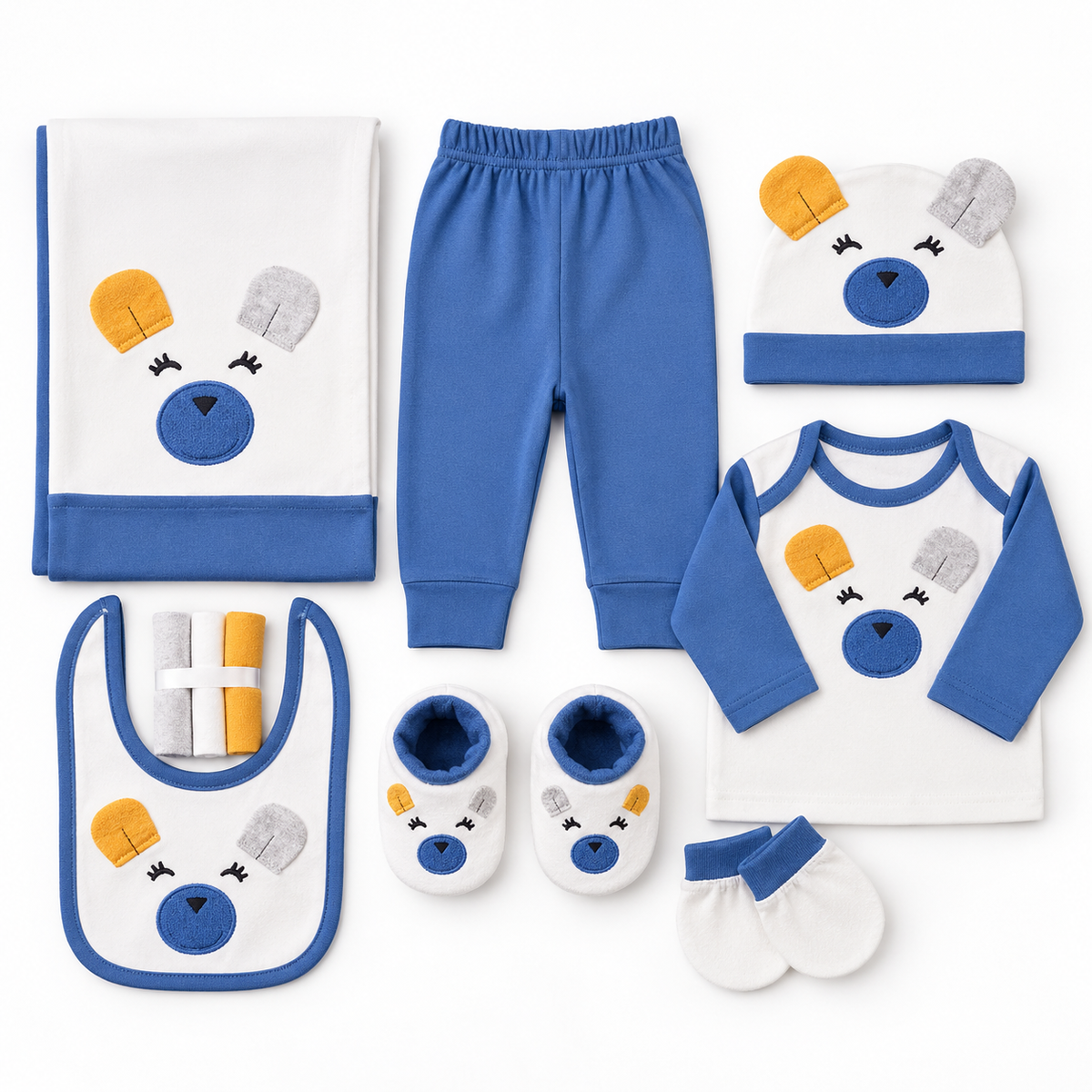 STARTER SET 11 PIECES BABY NEW BORN ESSENTIALS MULTI COLOUR EARS BLUE