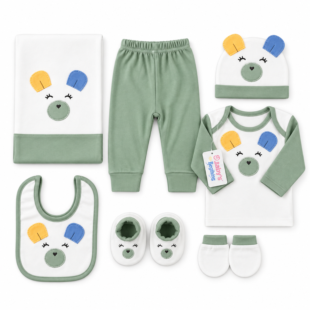 STARTER SET 11 PIECES BABY NEW BORN ESSENTIALS MULTI COLOUR EARS GREEN