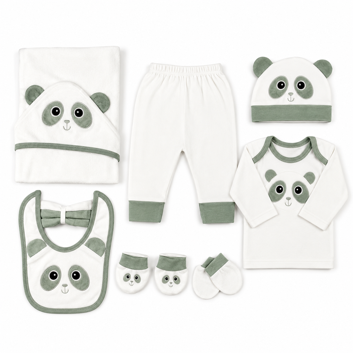 STARTER SET 11 PIECES BABY NEW BORN ESSENTIALS PANDA THEM LIGHT GREEN COLOUR