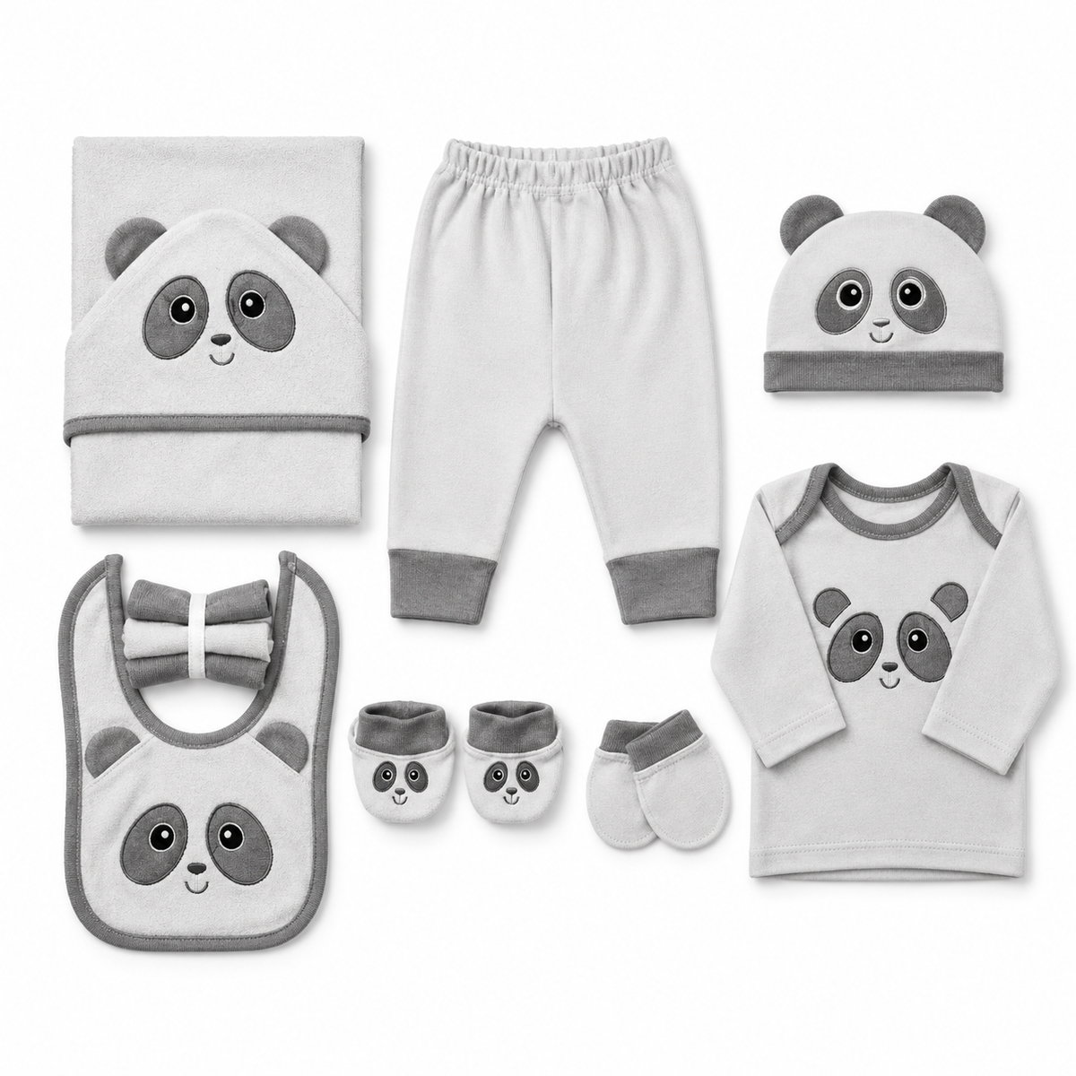 STARTER SET 11 PIECES BABY NEW BORN ESSENTIALS PANDA THEM LIGHT GREY