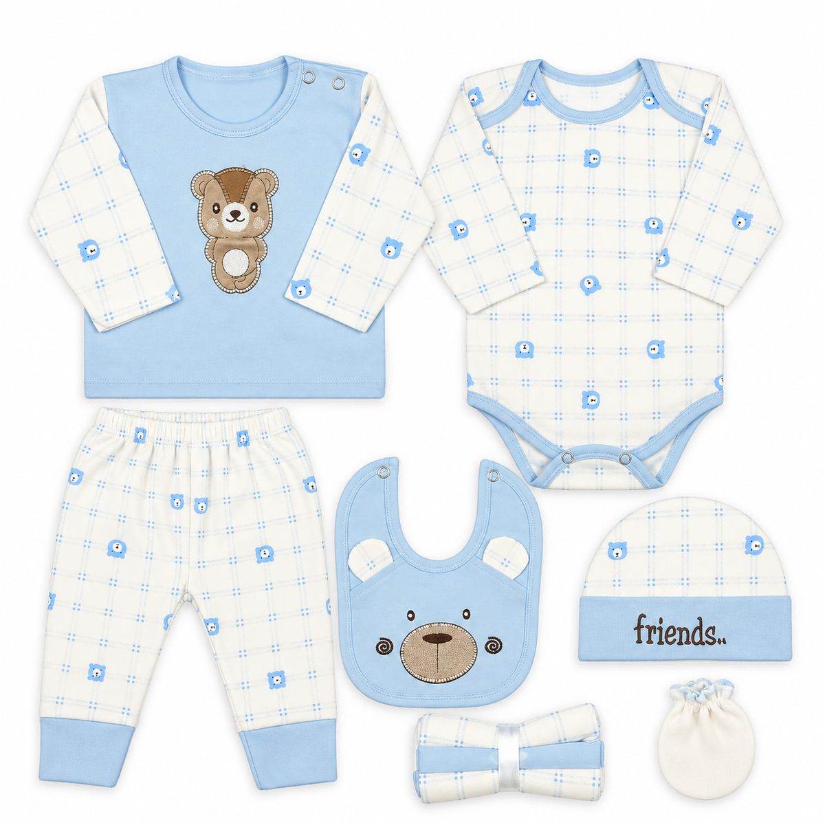 BABY STARTER SET 10 PIECES CHECK PRINT BEAR BLUE