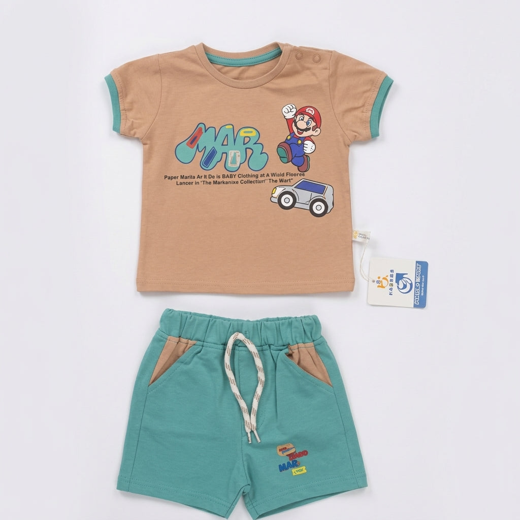 Imported Fabric Mario Summer Outfit - Beige & Teal