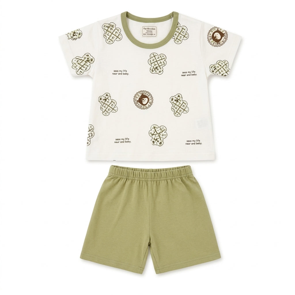 Imported Baby Cotton T-Shirt & Shorts - Olive Green & White