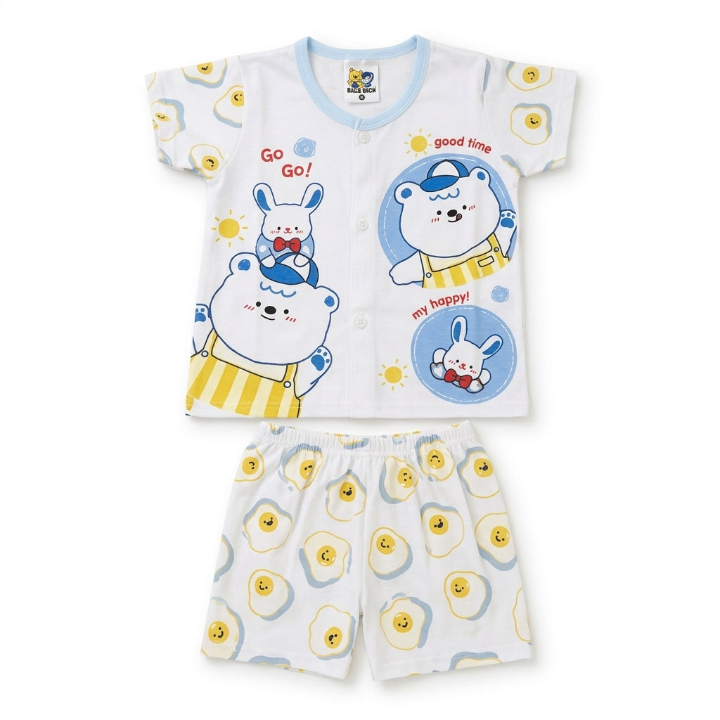 IMPORTED 100% COTTON SUMMER BABY HALF SLEEVE SUIT BEAR & BUNNY PRINT (WHITE&BLUE)