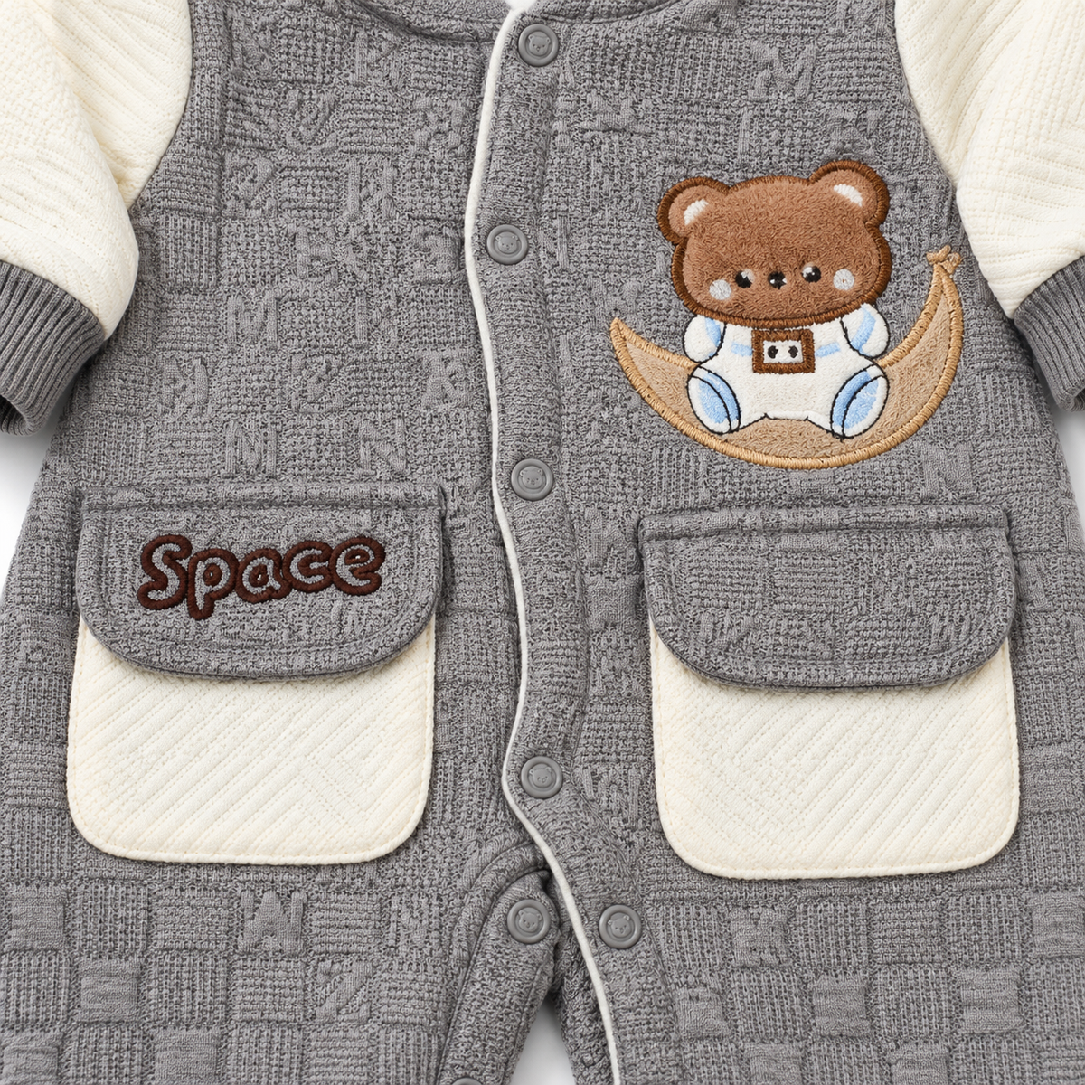 Grey & White Hooded Teddy Bear Embroidered Romper – Close-up_ teddy moon and Space pocket