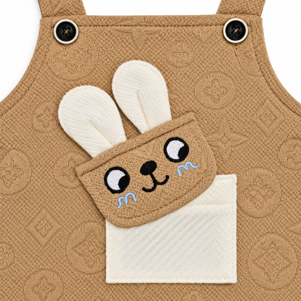 Brown & White Bunny Dungaree Romper & Shirt Set – Close-up bunny appliqué on baby bib