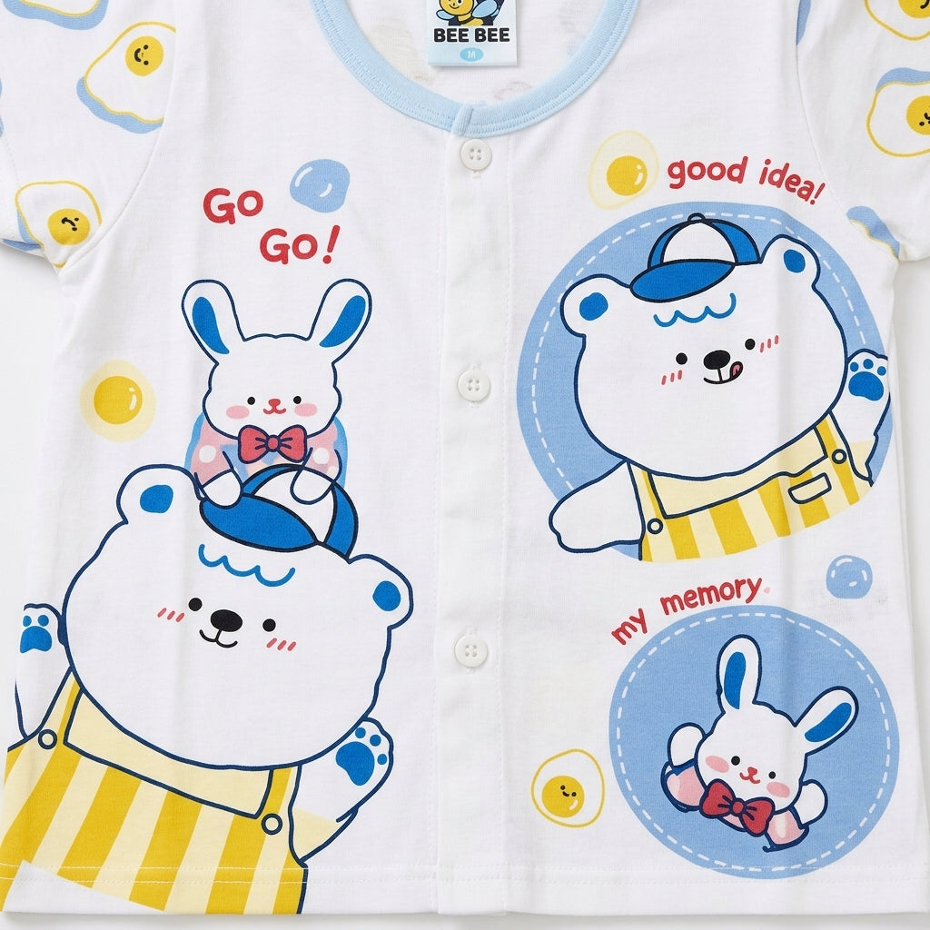 IMPORTED 100% COTTON SUMMER BABY HALF SLEEVE SUIT BEAR & BUNNY PRINT (WHITE&BLUE)