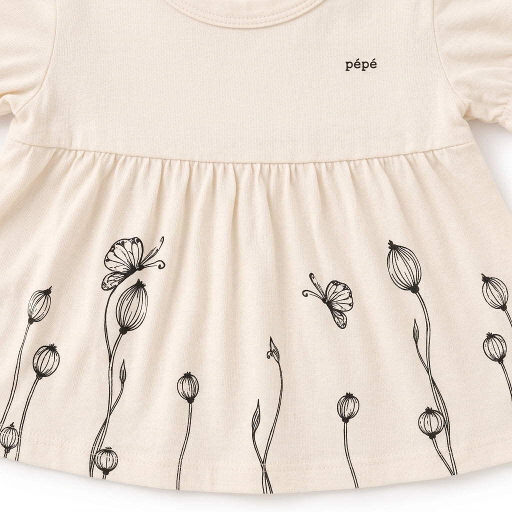 Imported Baby Girls Cotton Frock & Shorts - Cream Butterfly
