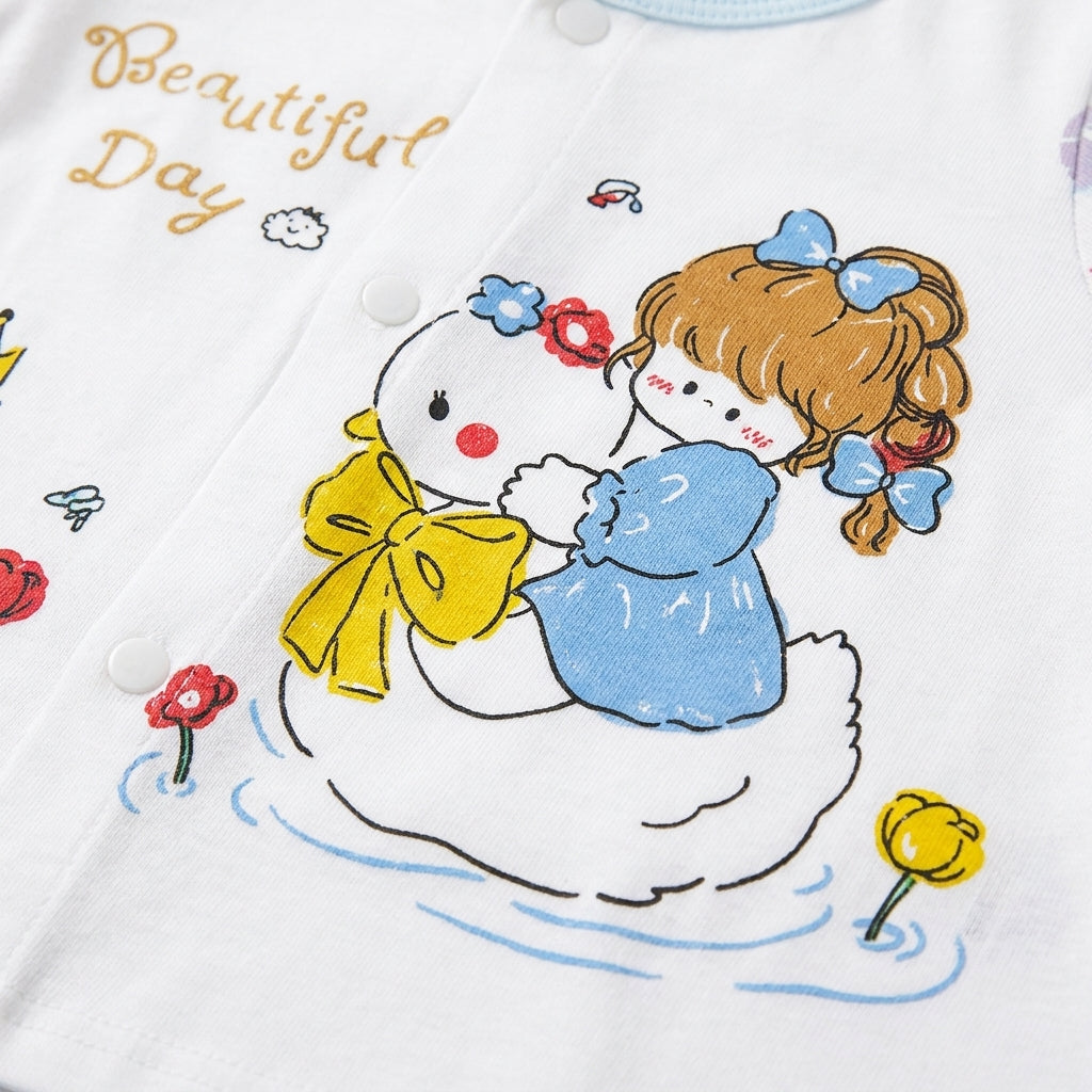 IMPORTED 100% COTTON SUMMER BABY GIRL HALF SLEEVE SUIT SWAN PRINT (WHITE & SKY BLUE)