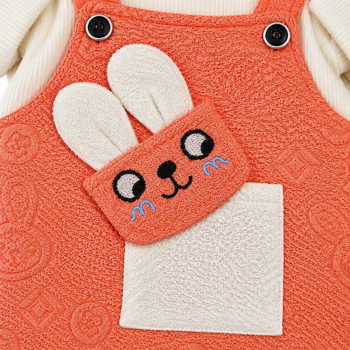 Peach & White Bunny Dungaree Romper & Shirt Set – Coral Bunny Appliqué Macro Detail
