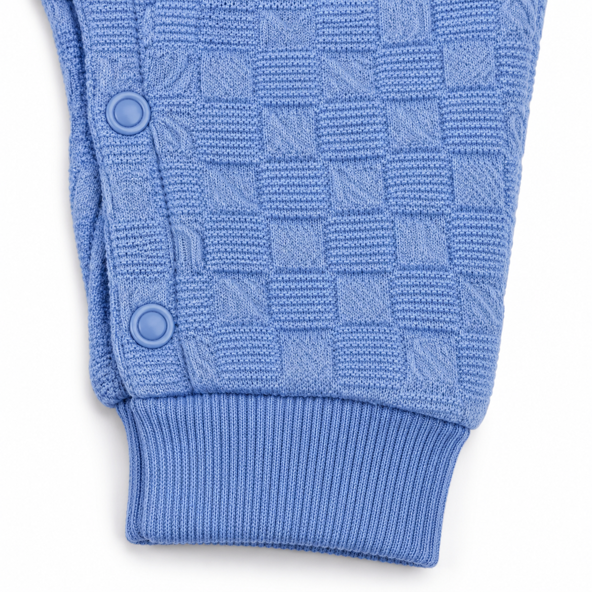 Sky Blue & White Hooded Teddy Bear Embroidered Romper – Cornflower blue leg detail macro