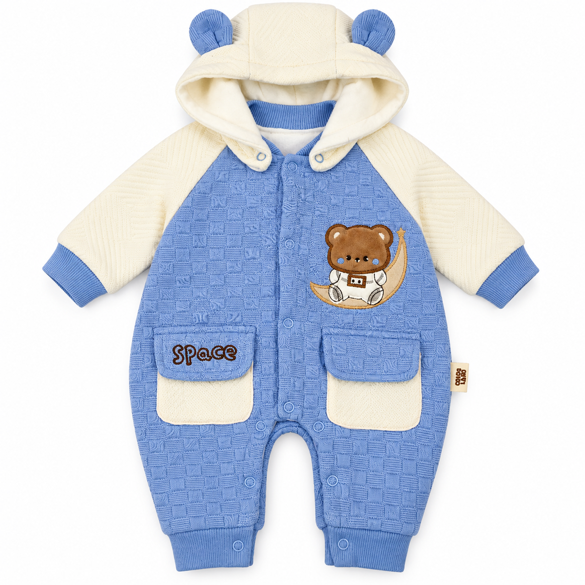 Sky Blue & White Hooded Teddy Bear Embroidered Romper – Cornflower blue teddy bear hooded romper