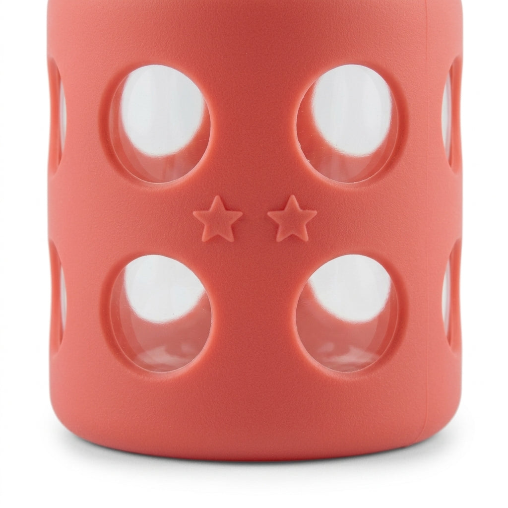 BABY GLASS FEEDER SILICONE COVERED RED