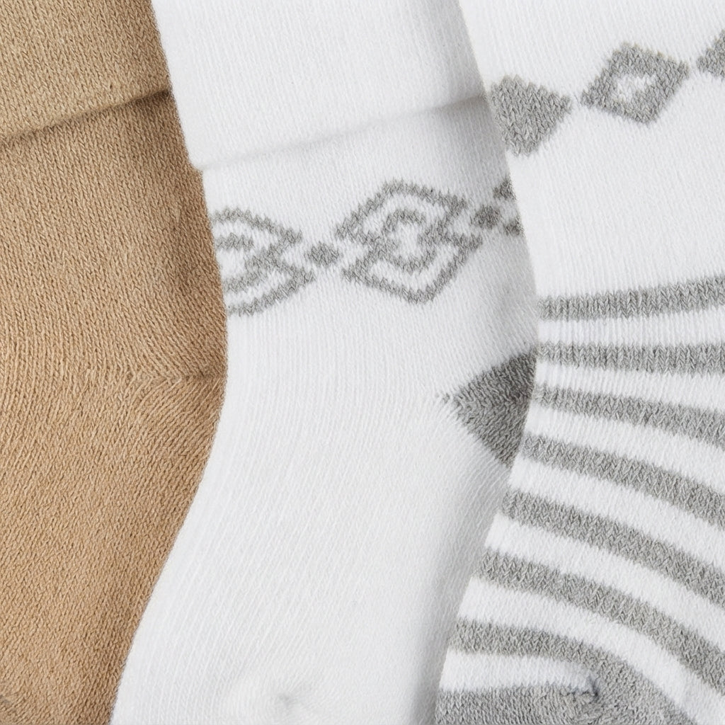 PACK OF 3 COTTON SOCKS-STRIPED, DIAMOND GEOMETRIC & SOLID BLOCK PRINTED (0-12M)