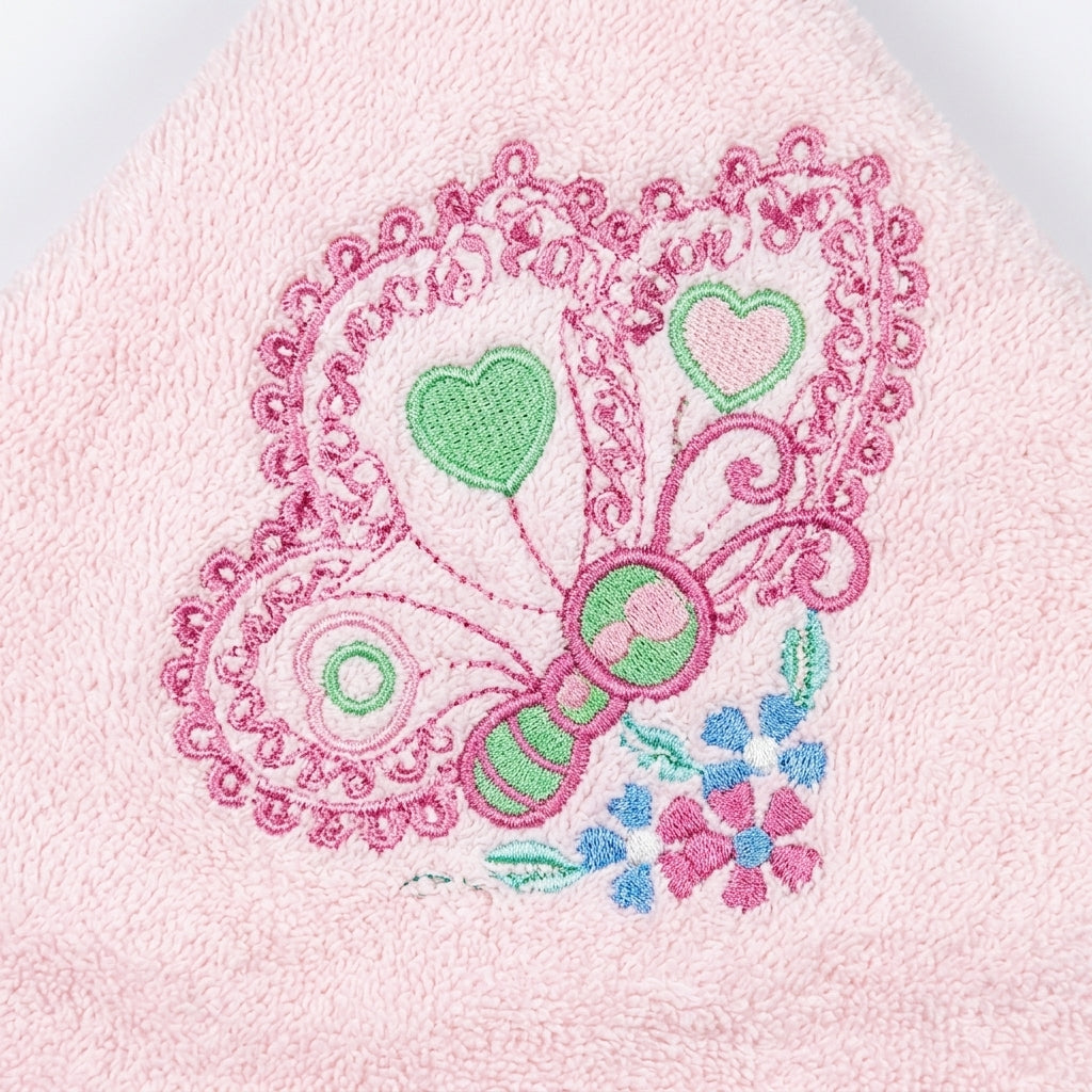 BABY HOODED BATHTOWEL TERRY BUTTERFLY PINK