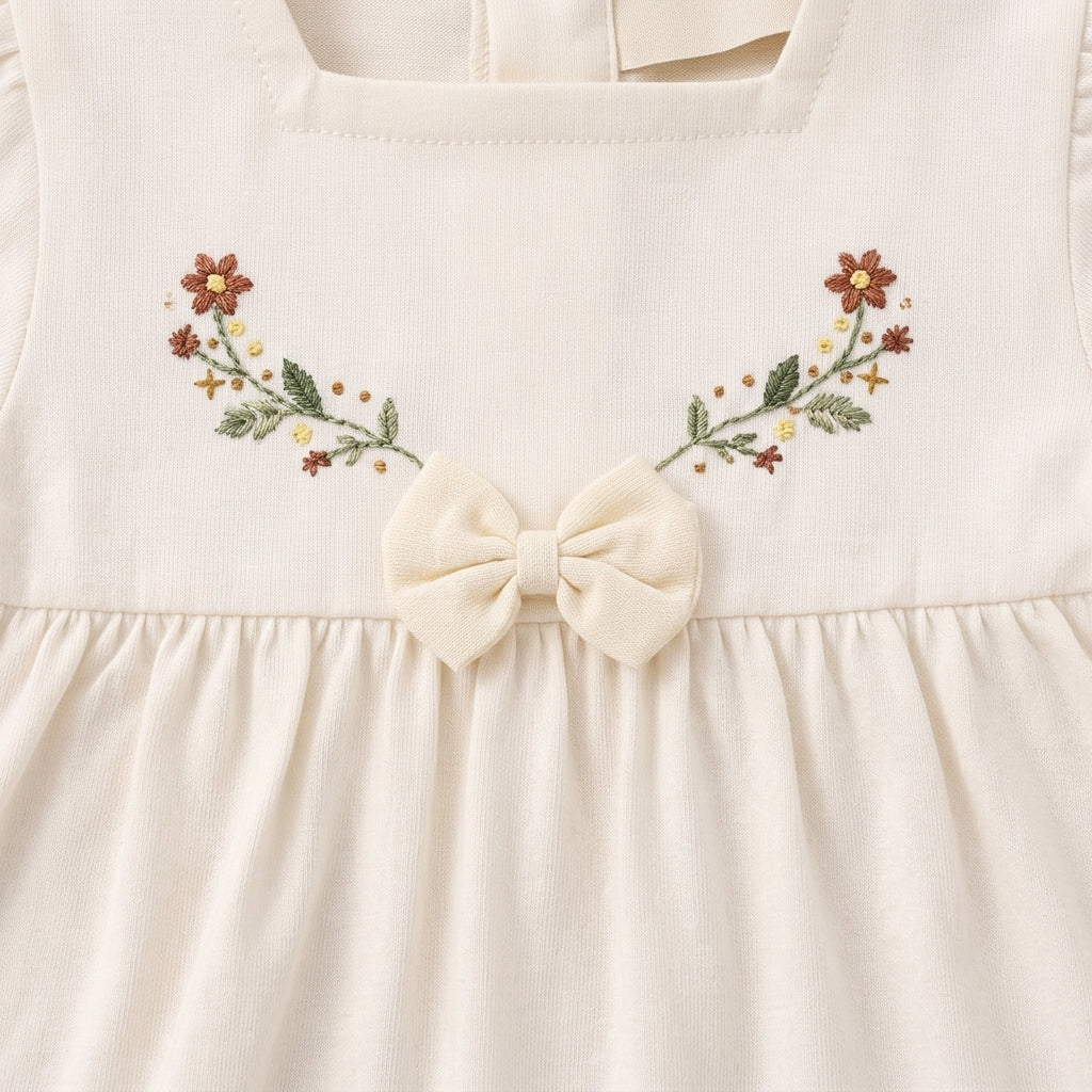 IMPORTED ELEGANT BABY GIRL SOFT COTTON FROCK DRESS SET IVORY BLOSSOM THEM