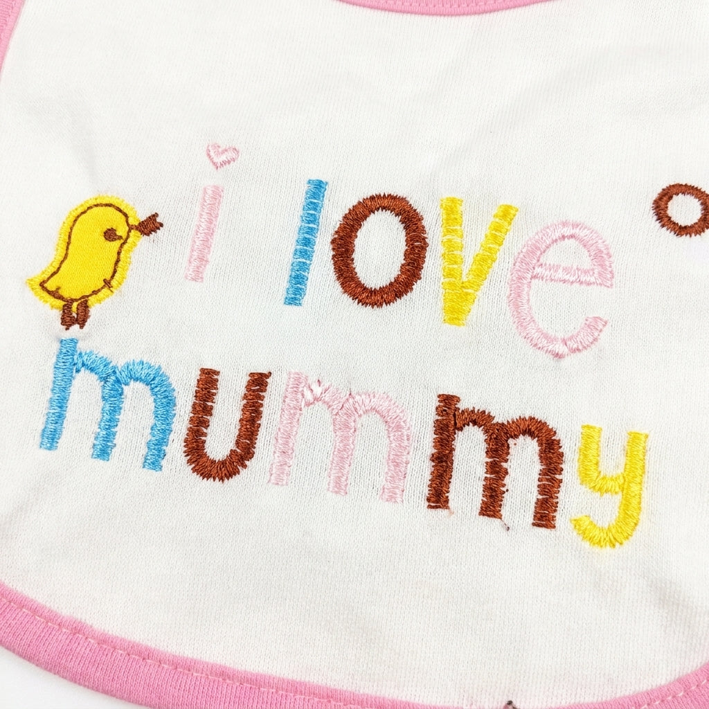 BABY GIRLS 3 PIECE GIFT SET I LOVE MOMMY EMBROIDERED SOFT COTTON (BIB, SOCKS & MITTENS)