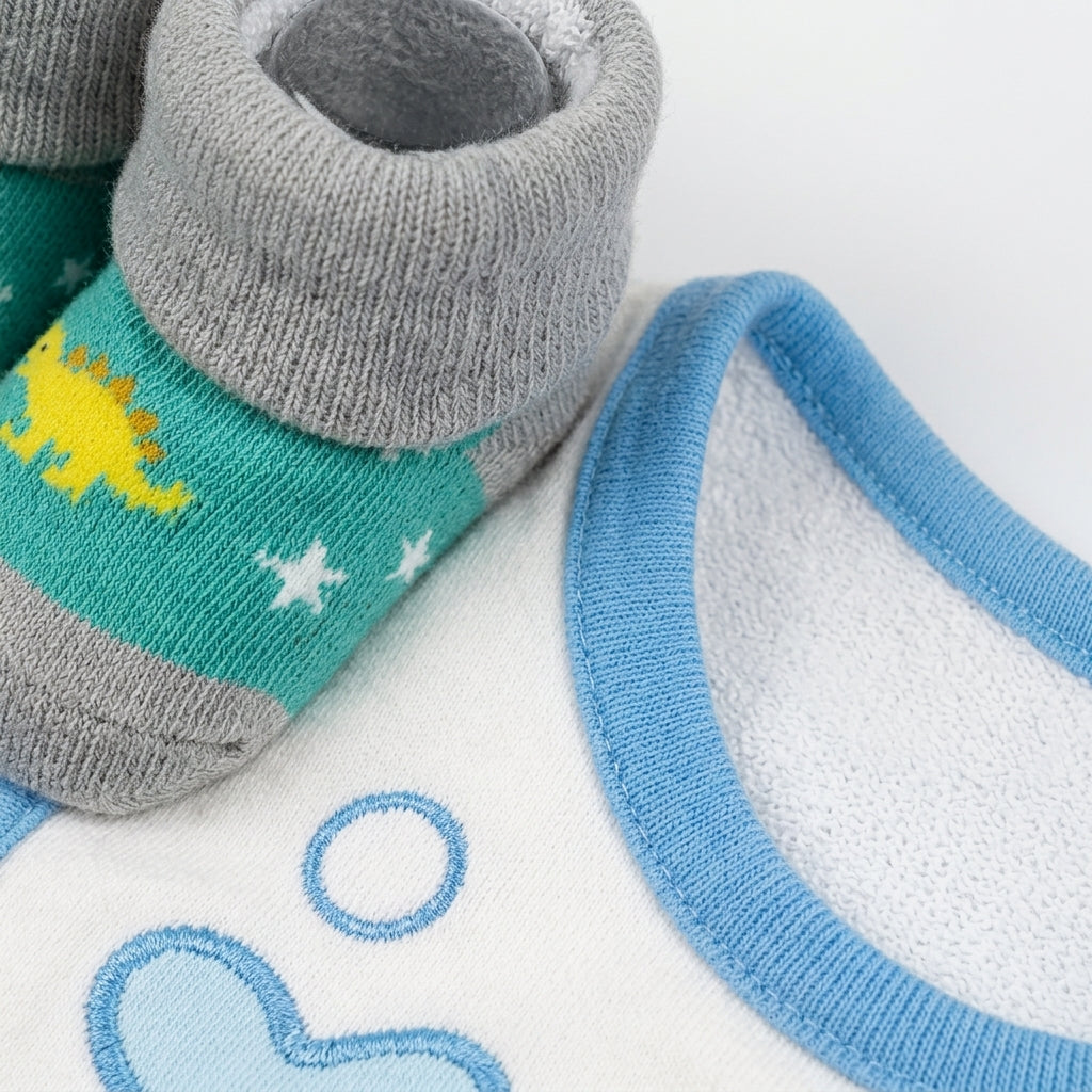 3-PIECE BABY GIFT SET CUTE SKY BLUE DOLPHIN PRINT (BIB, SOCKS & MITTENS)