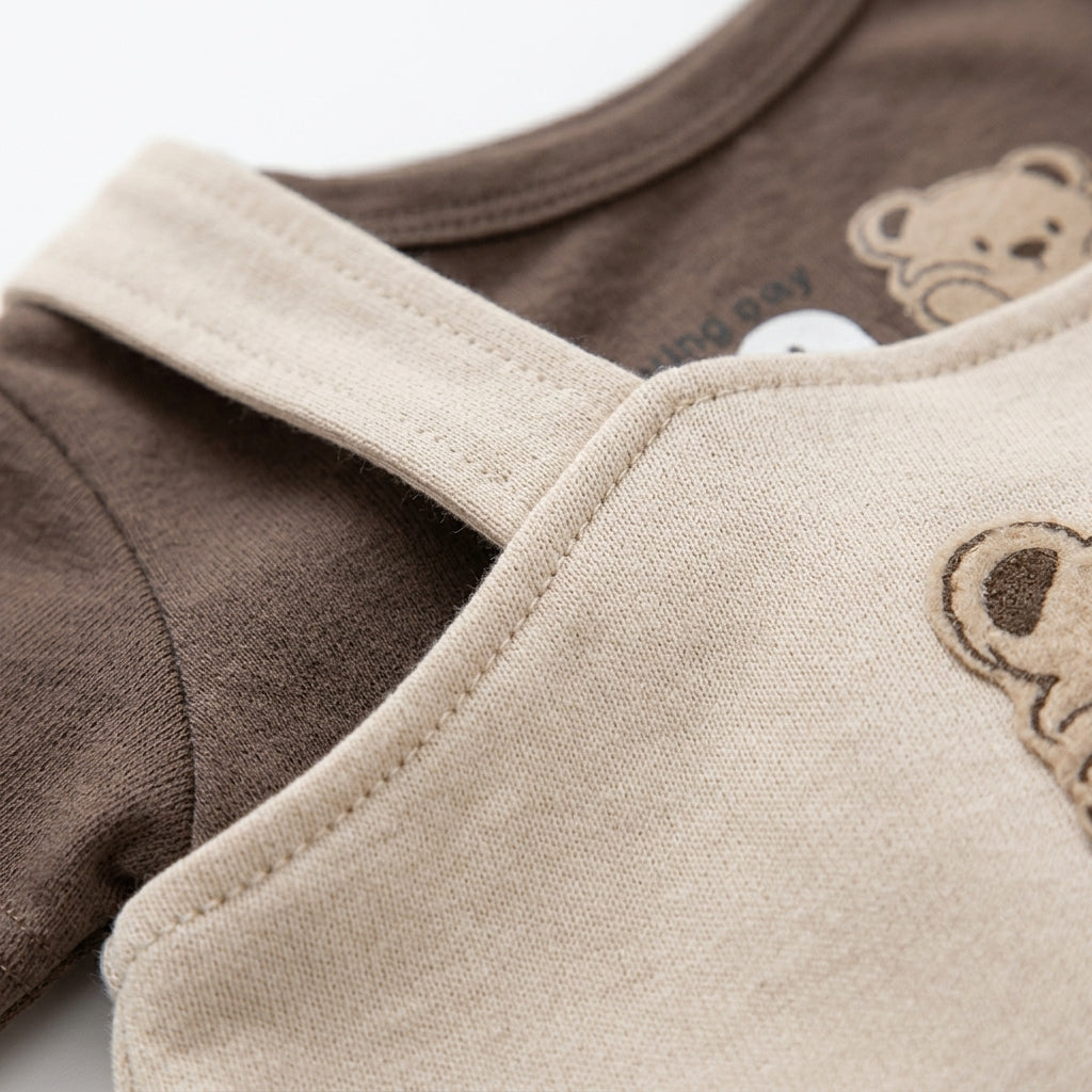 IMPORTED BABY BEAR ADVENTURE DUNGAREE ROMPER & T-SHIRT SET (CHOCOLATE BROWN & SOFT BEIGE)