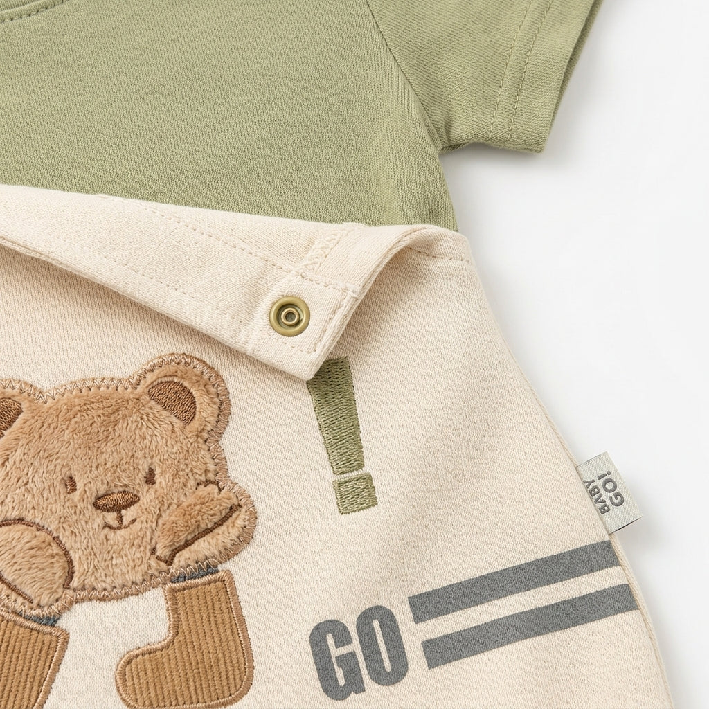 Imported Baby Bear Adventure Dungaree Romper & T-Shirt Set (Olive Green & Beige)