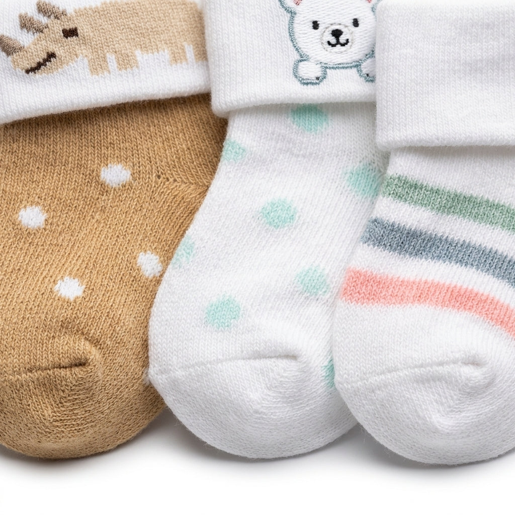 PACK OF 3 COTTON SOCKS-STRIPED, DINOSAUR & RHINO PRINTED (0-12M)