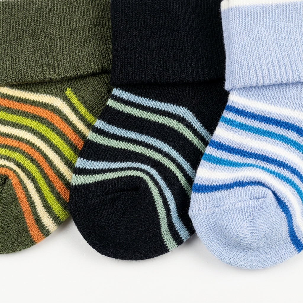 PACK OF 3 STRIPED COTTON BABY SOCKS - OLIVE GREEN, SKY BLUE & BLACK (0-12M)