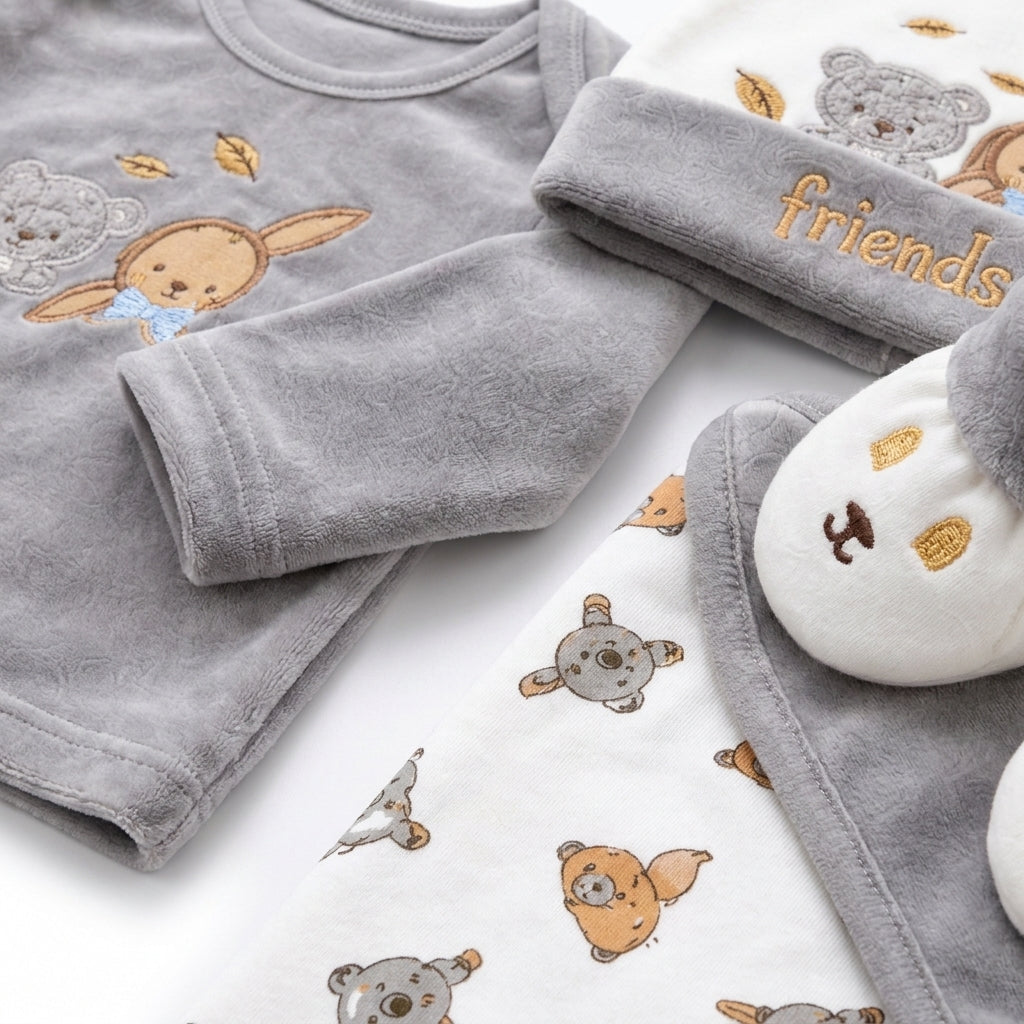 NEWBORN BABY 11 PCS BLOR BUNNY PRINTED STARTER SET – GRAY & WHITE