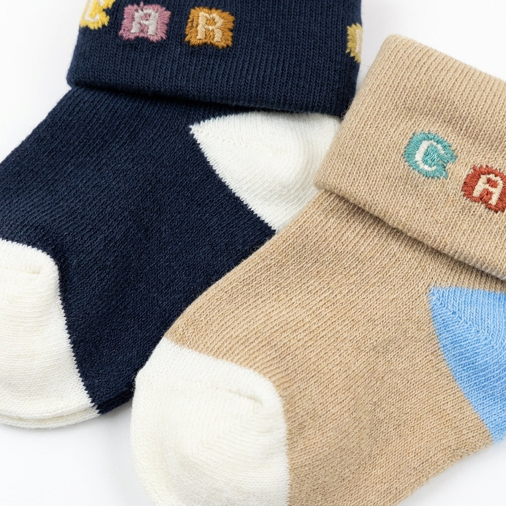 2 PACK SOFT COTTON BABY SOCKS WITH FOLD OVER CUFFS (BEIGE & BLACK) 0-12M