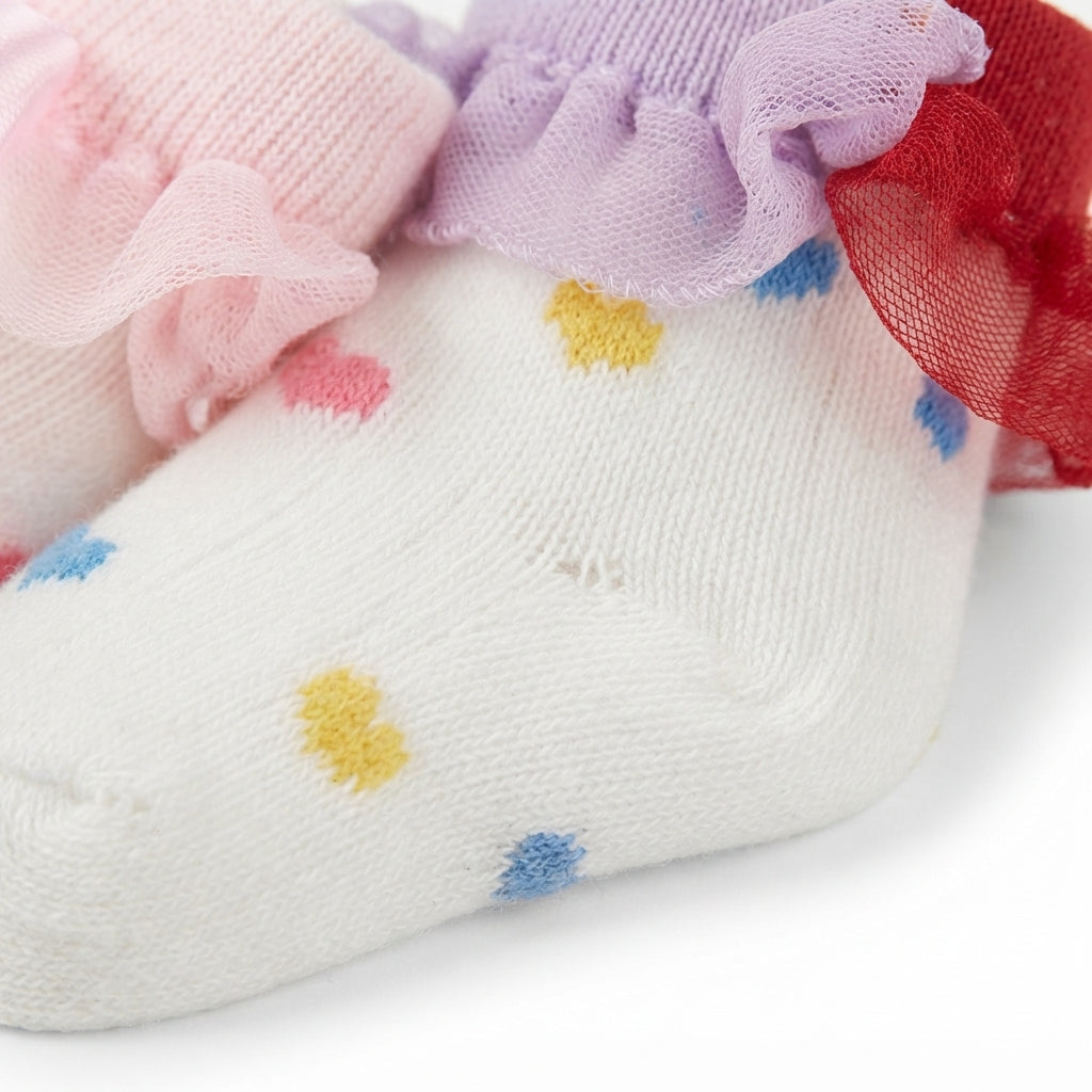 CARTERS IMPORTED 3 PIECE BABY GIRLS RUFFLE SOCKS HEART PATTERN SIZE 12M