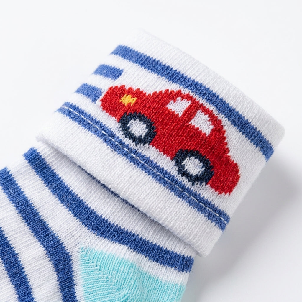 3 PACK BABY BOY SOCKS-GREY/BLACK & BLUE STRIPED CAR PRINT (0-12M)