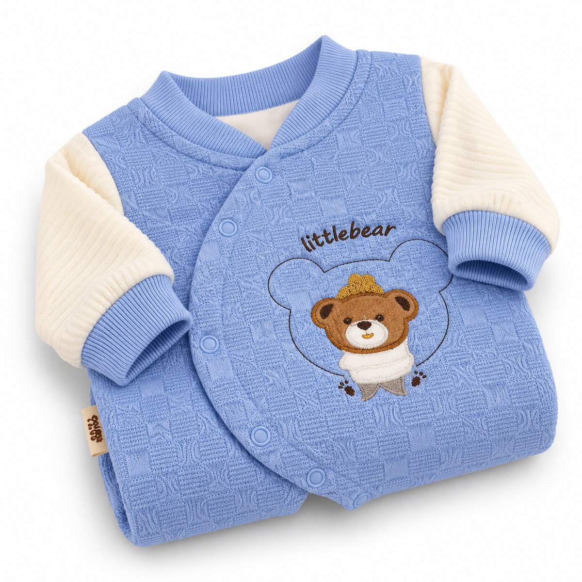 Sky Blue Textured Teddy Bear Embroidered Romper – Folded Blue Bear Baby Romper