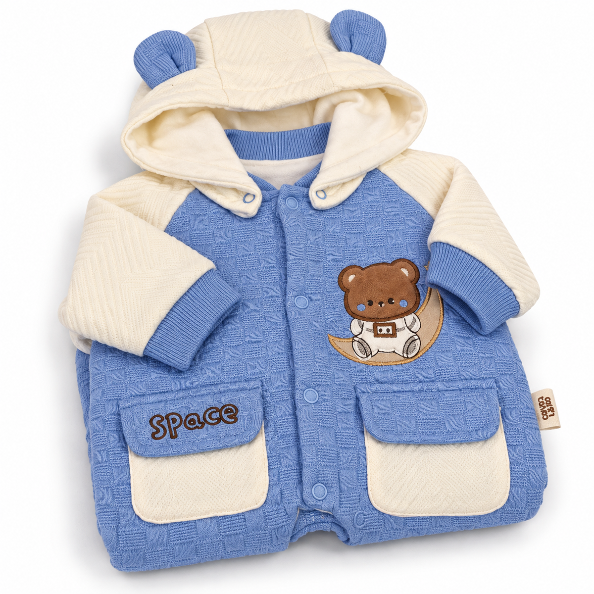Sky Blue & White Hooded Teddy Bear Embroidered Romper – Folded Blue Space Teddy Romper