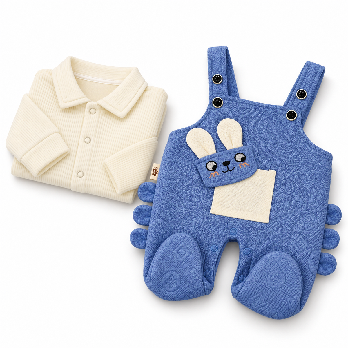 Blue & White Bunny Dungaree Romper & Shirt Set – Folded Periwinkle Bunny Baby Outfit Set