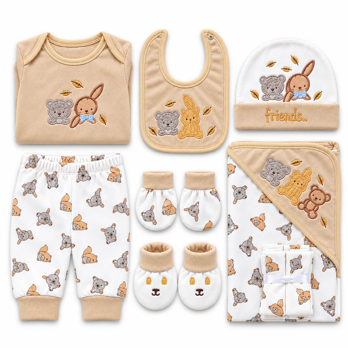 NEWBORN BABY 11 PCS BLOR BUNNY PRINTED STARTER SET – BROWN & WHITE