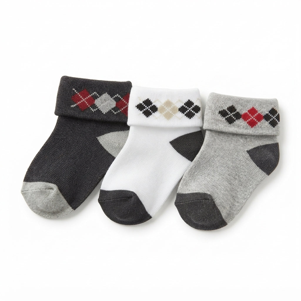PACK OF 3 COTTON SOCKS-CLASSIC ARGYLE PRINTED (0-12M)