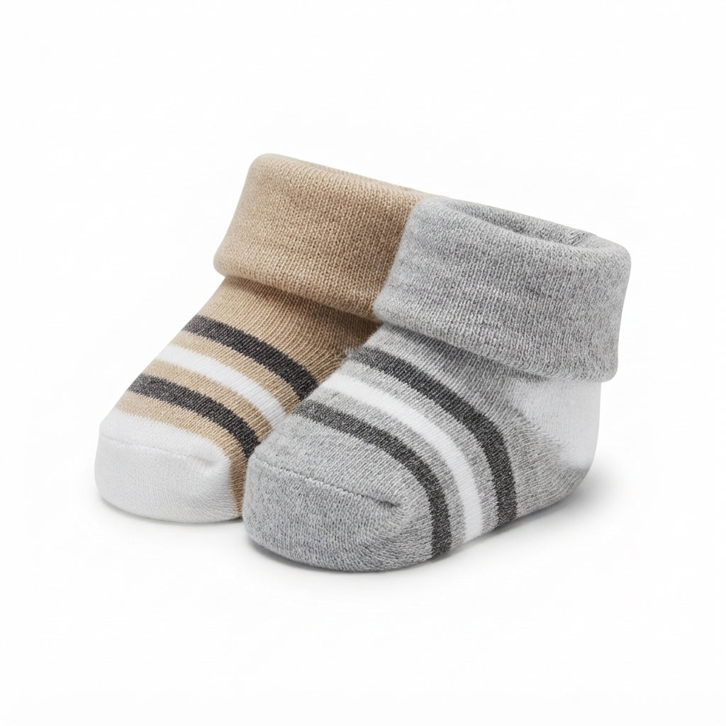 BABY STRIPED COTTON SOCKS PACK OF 2 (GREY & SKIN BROWN)(0-3M)