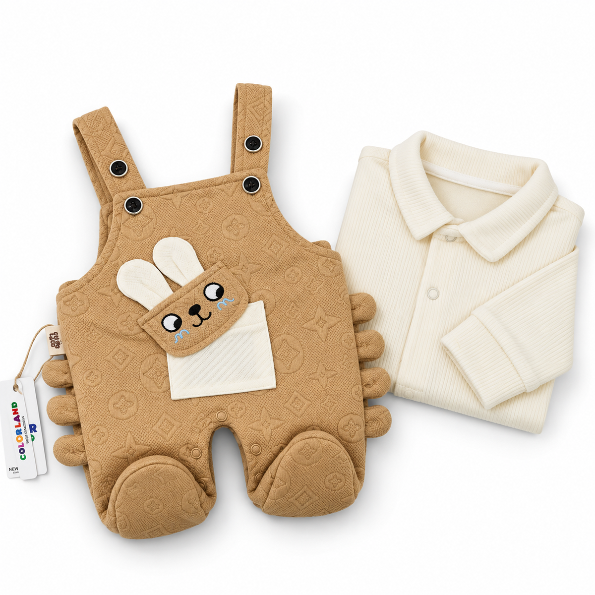 Brown & White Bunny Dungaree Romper & Shirt Set – Folded baby outfit with bunny applique