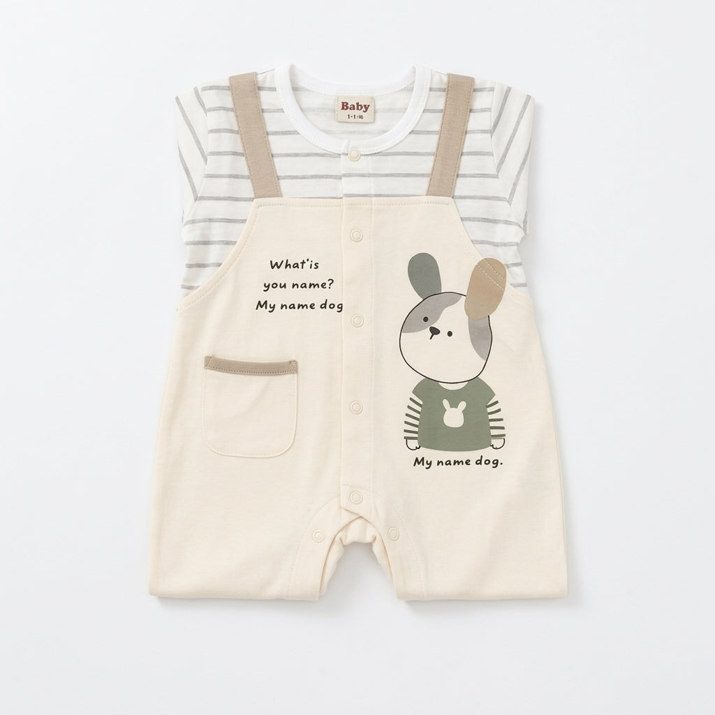 IMPORTED BABY SUMMER COTTON ROMPER HALF SLEEVE/LEG DOG PRINT DUNGAREE STYLE