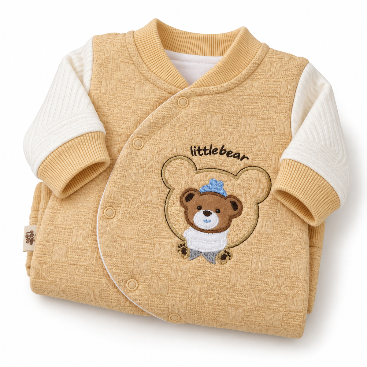 Brown Textured Teddy Bear Embroidered Romper – Folded beige baby romper with bear embroidery