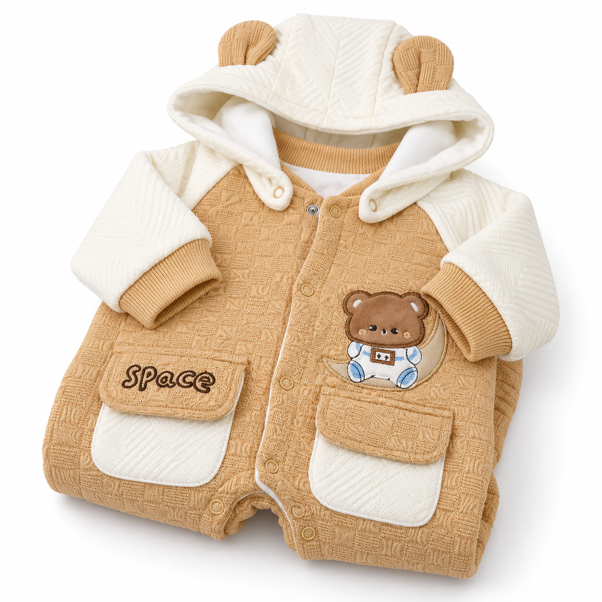 Brown & White Hooded Teddy Bear Embroidered Romper – Folded beige bear-ear baby romper