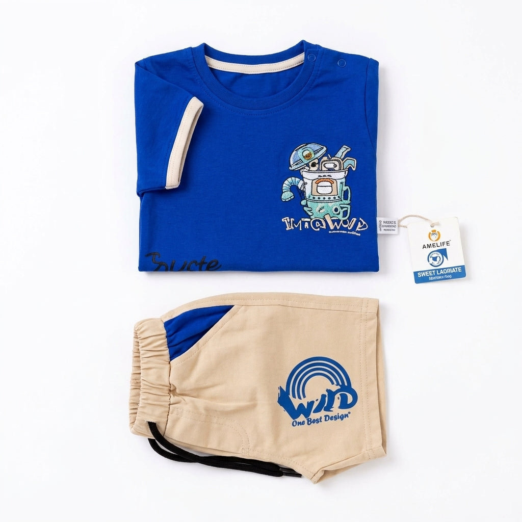 Imported Fabric Trendy Summer Outfit - Royal Blue & Beige
