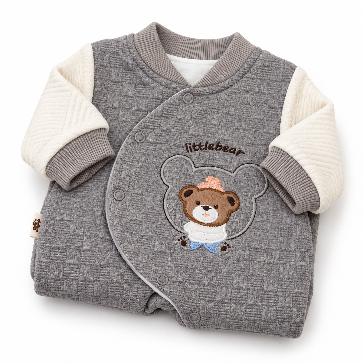 Grey Textured Teddy Bear Embroidered Romper – Folded gray bear-embroidered romper