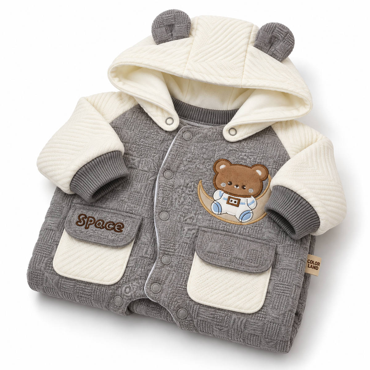 Grey & White Hooded Teddy Bear Embroidered Romper – Folded grey and ivory hooded romper