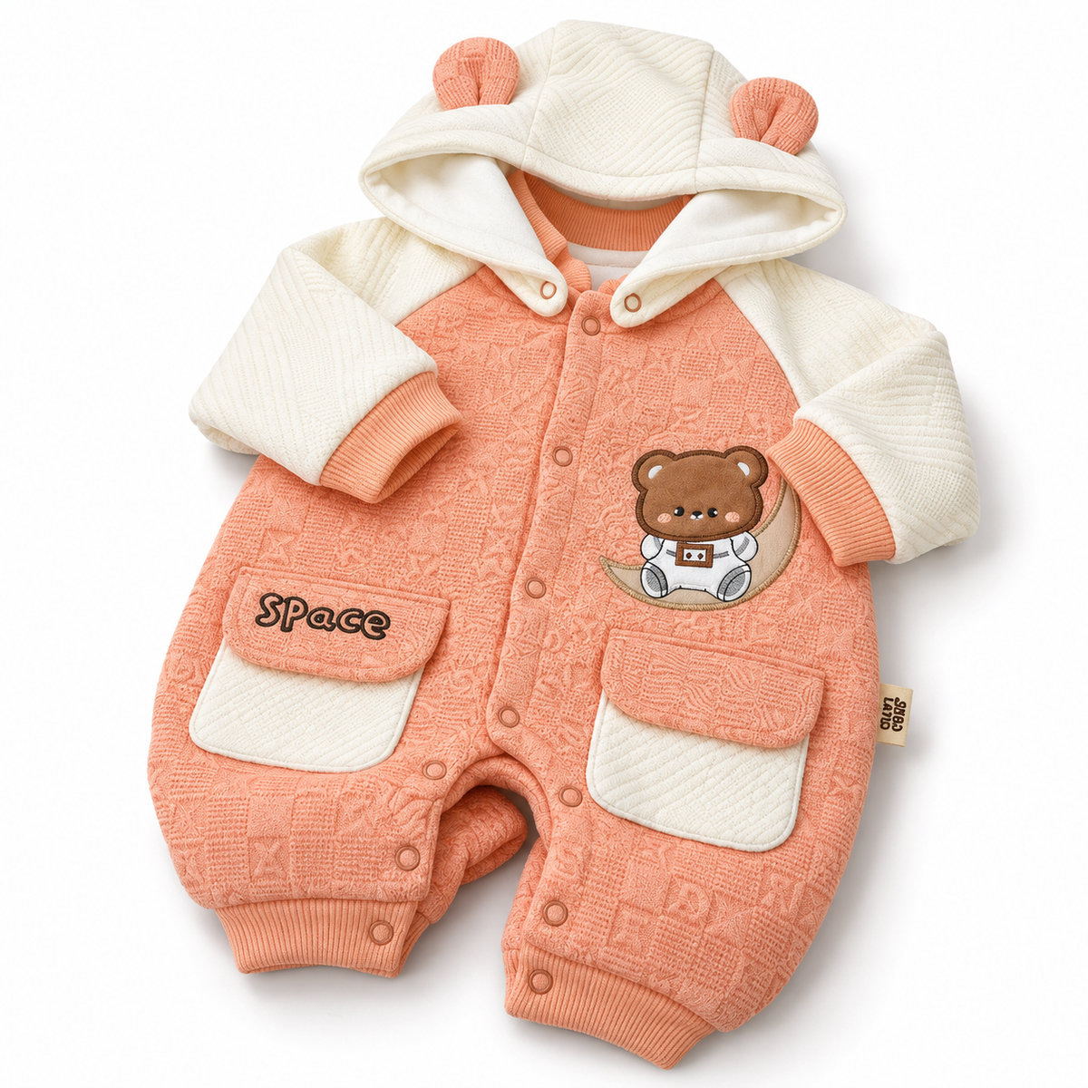Peach & White Hooded Teddy Bear Embroidered Romper – Folded hooded baby romper with teddy moon