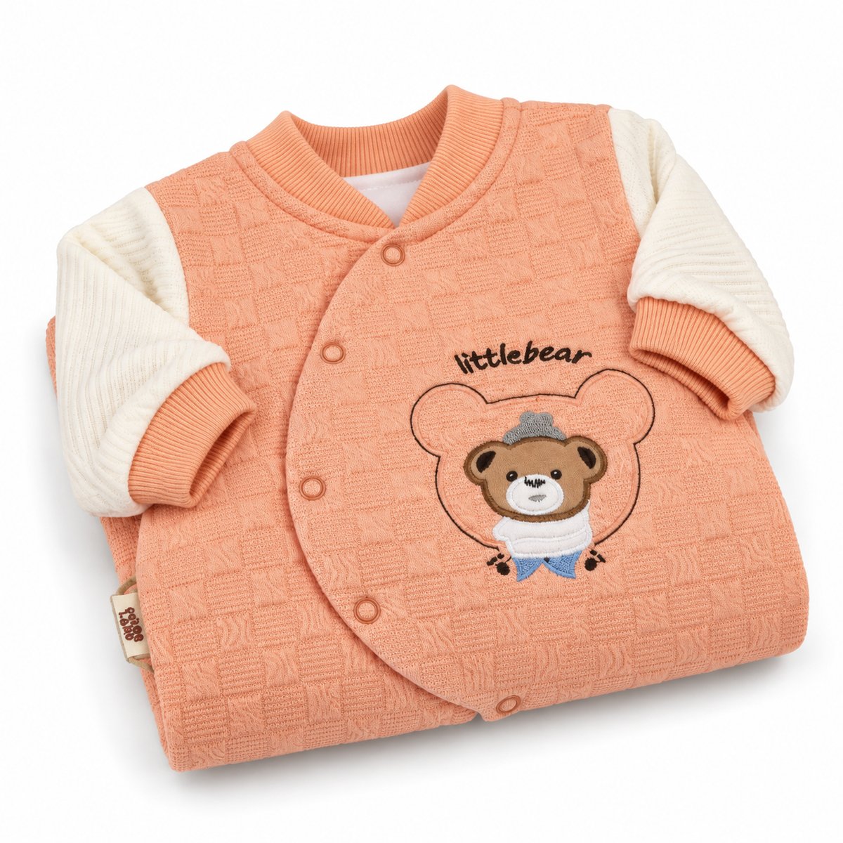 Peach Textured Teddy Bear Embroidered Romper – Folded peach baby romper with bear embroidery