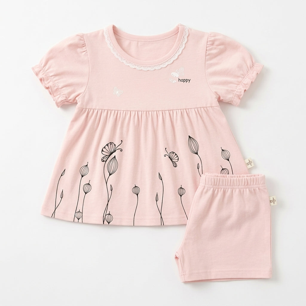 Imported Baby Girls Cotton Frock & Shorts - Pink Butterfly